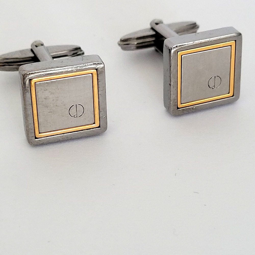 Dunhill Mens Vintage Two Tone Square Logo Cufflinks Silver Gold Tone AD Mark